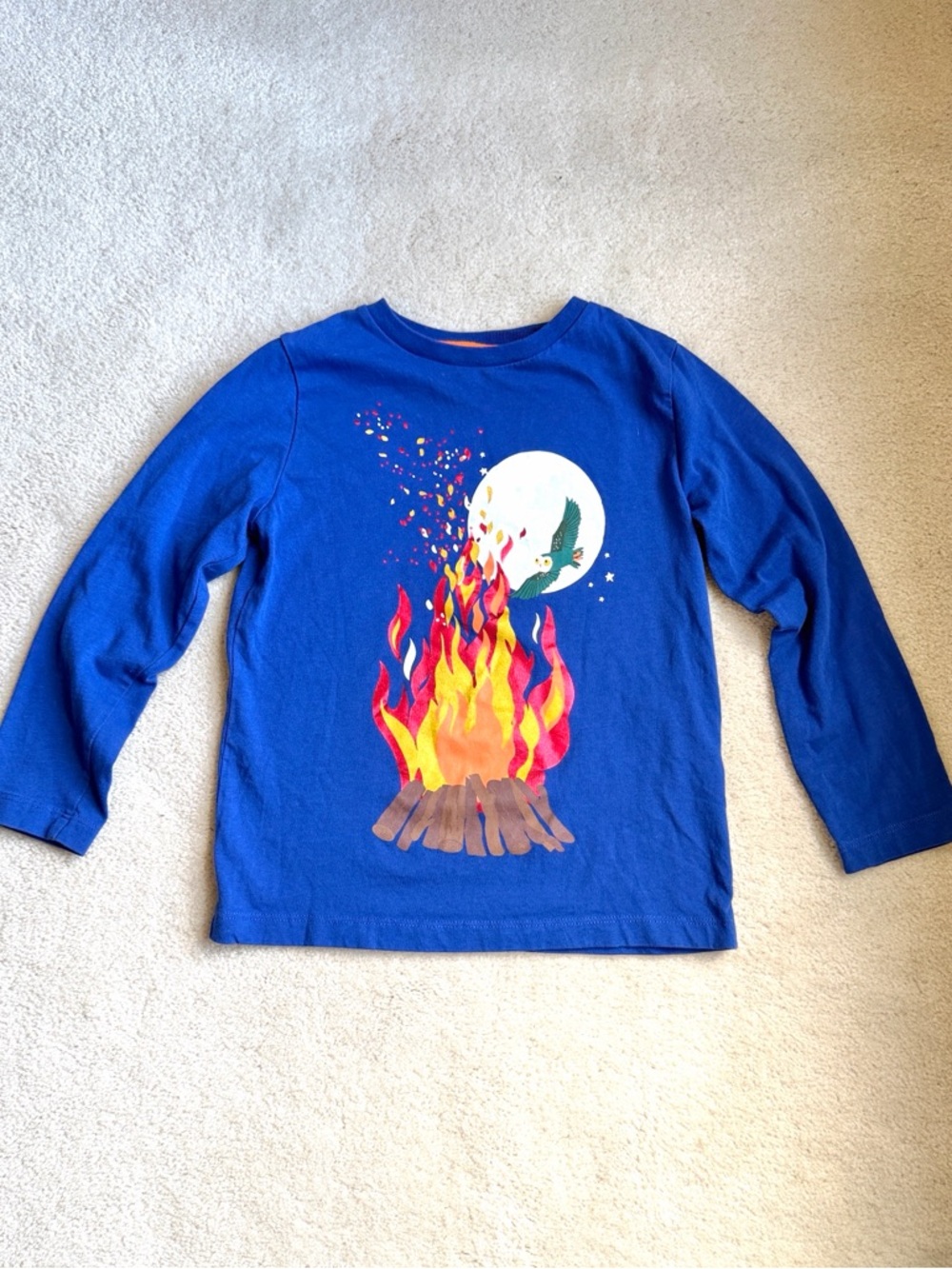 Mini Boden Glow in the Dark Blue Long Sleeve Campfire Owl Shirt Size 5-6
